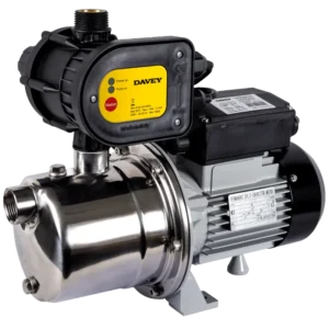 The side view of Davey's Garden System centrifugal pump being displayed as a model product.