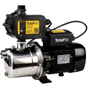 Side view of Davey's TotalFlo water pump to show the size and builk as a product display model.