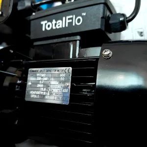 The side view of Davey's TotalFlo water pump. Painted in black, the colouring mirrors the signature branding of Davey for marketing reasosn.