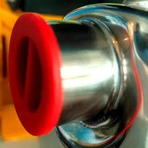 A red plastic cap found secured onto the suction inlet of this centrifugal pump. The lustre emitted indicates the polished surface of this stainless steel housing.