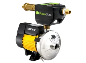Pam air Davey yang dilengkapi dengan pengawal RainBank proprietari, direka khusus untuk mengumpul dan mengurus sumber air hujan secara automatik berdasarkan paras air dalam tangki.