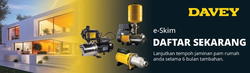 Sepanduk dengan pam air DynaDrive, H.M. siri, Horizontal Multistage dan TotalFlo dilampirkan, dengan kapsyen mengatakan "e-Skim! Daftar Sekarang! Lanjutkan tempoh jaminan pam rumah anda selama 6 bulan tambahan."