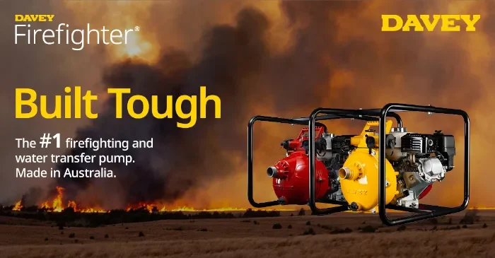 A banner promoting about Davey's Firefighter water pump, citing that it's built tough, just as it's the number one firefighting and water transfer pump. At the end of their sentencing, a proud mentioning of it being made in Australia is seen. The Firefighter water pump is featured in pairs; one in red and the latter yellow, with the red being two-stage or twin impellers in design, and the yellow counterpart having only a singular impeller, which is also known as single stage. Found on its background is a crisis of bushfire burning the grasslands across the whole stretch of area, hinting that this pump is used to combat fire.