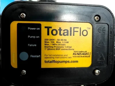 A pasted label found on the digital pressure controller of Davey's TotalFlo water pump, featuring the electrical data and operating limits, as well as the certification found (both Standards Australia and Standards New Zealand, a C.E. marking stamped that pertains a centrifugal pump that can be freely traded across the European region, a made-in-Australia logo, as well as an IP rating of 65 engraving.